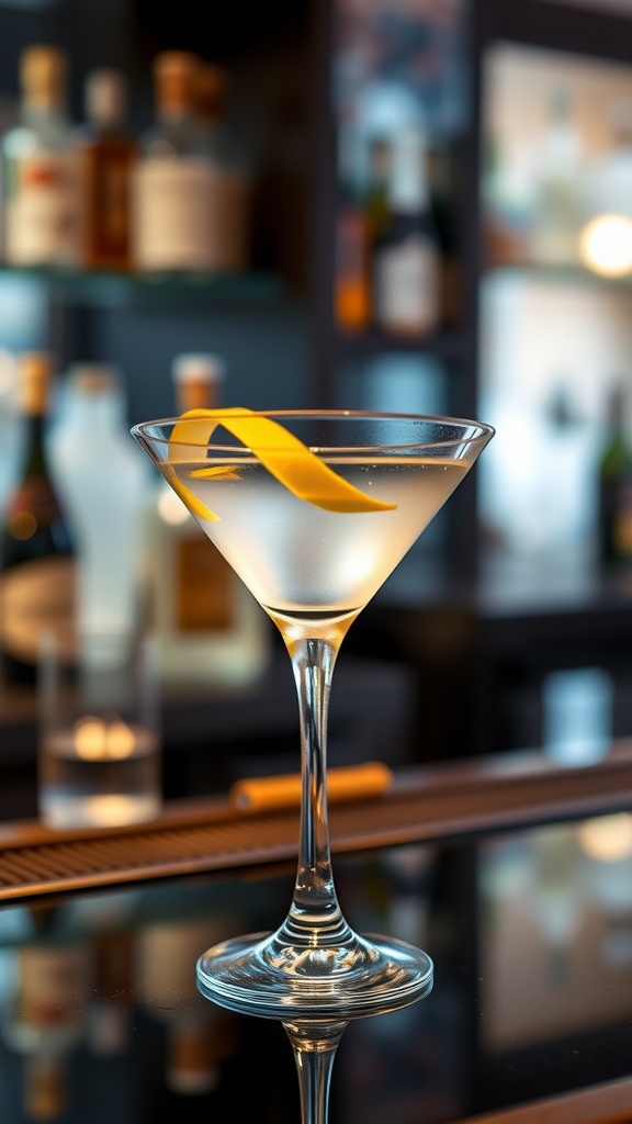 A classic vodka martini in a glass with a lemon twist, beautifully displayed against an elegant bar setting.